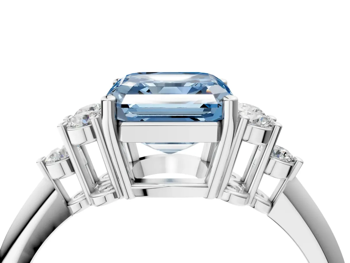 Fancy Blue Asscher Cut Cut Diamond Cluster Ring with Solitaire Band and Four-Prong Setting Platinum