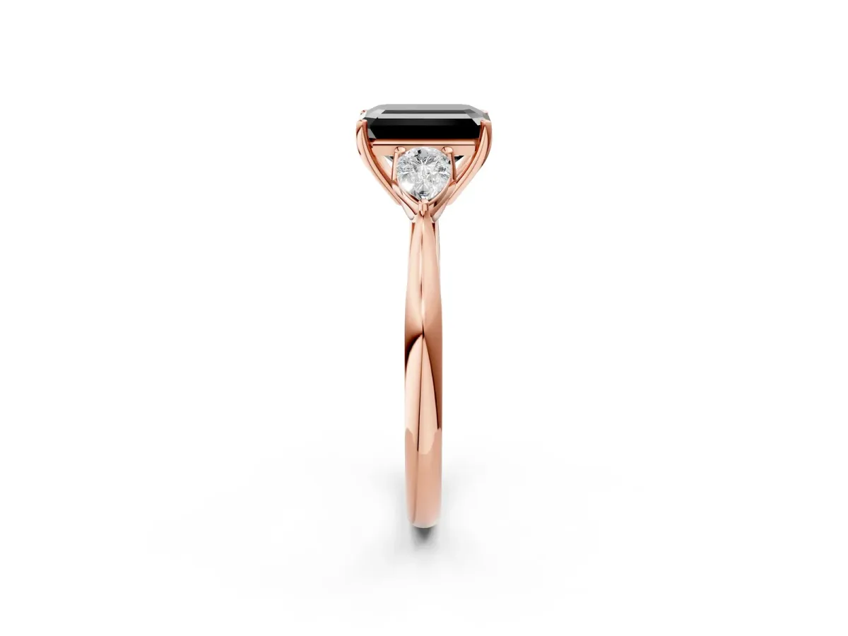 Fancy Black Emerald Cut Diamond Three-Stone Ring with Pear Side Stones and Prong Setting Rose gold