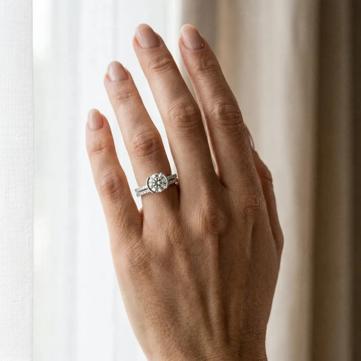 Round Cut Cut Diamond Pave Band Tension Setting Engagement Ring White gold