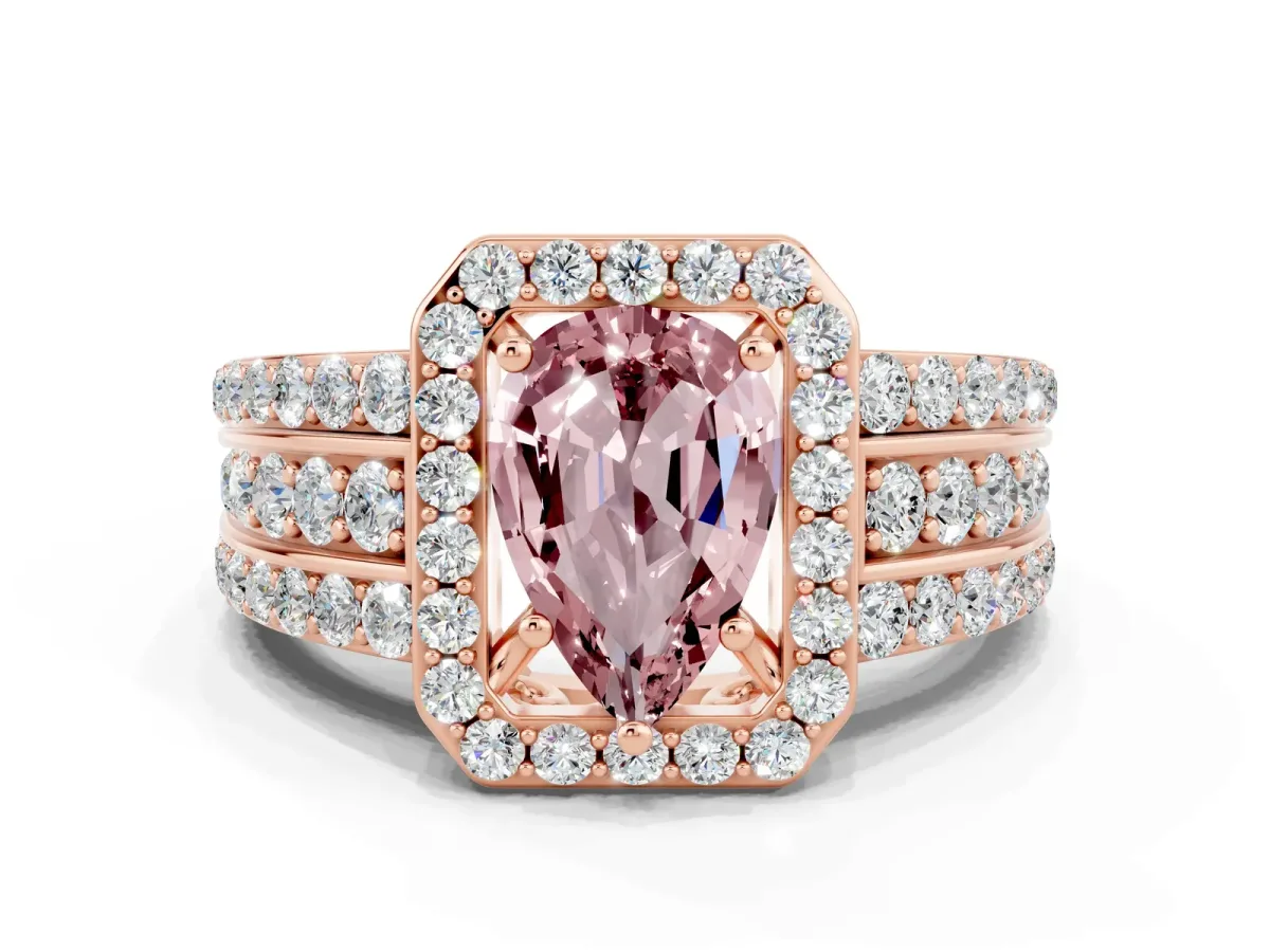 Pear Cut Halo Morganite Ring with Round Split Shank and Prong Setting Rose gold