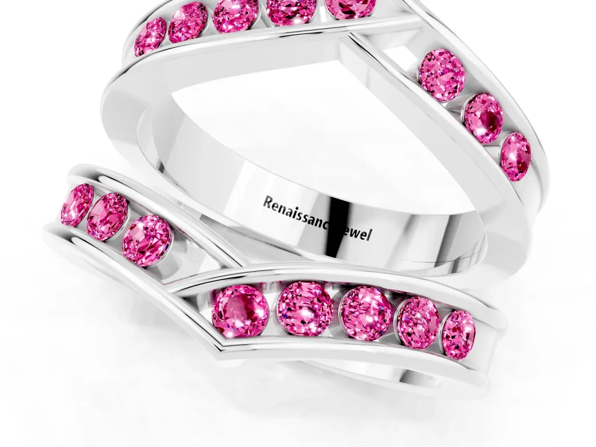 Round Pink Sapphire Channel-Set Chevron Band Silver