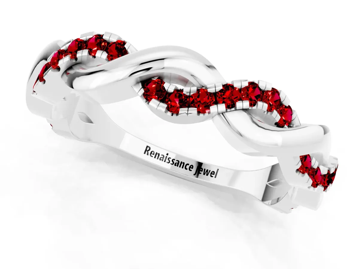 Pavé Round Ruby Twist Eternity Band with Shared Prong Setting Silver