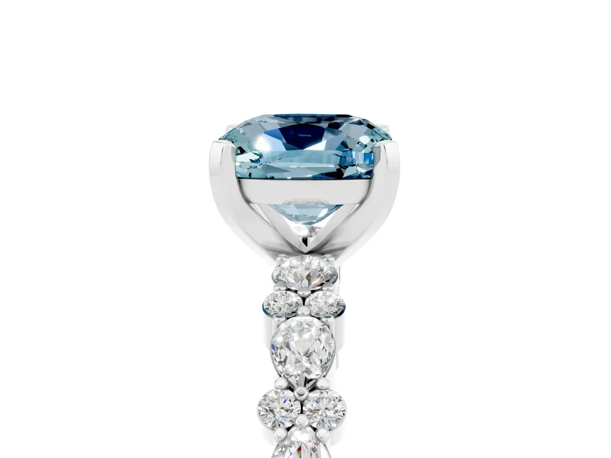 Cushion Cut Aquamarine Side Stone Solitaire Ring with Round and Four-Prong Setting Silver