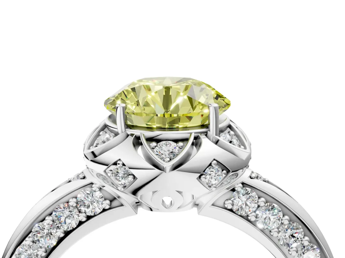 Fancy Yellow Round Cut Halo Split Shank Pave Diamond Ring with Petal Prong Setting Platinum