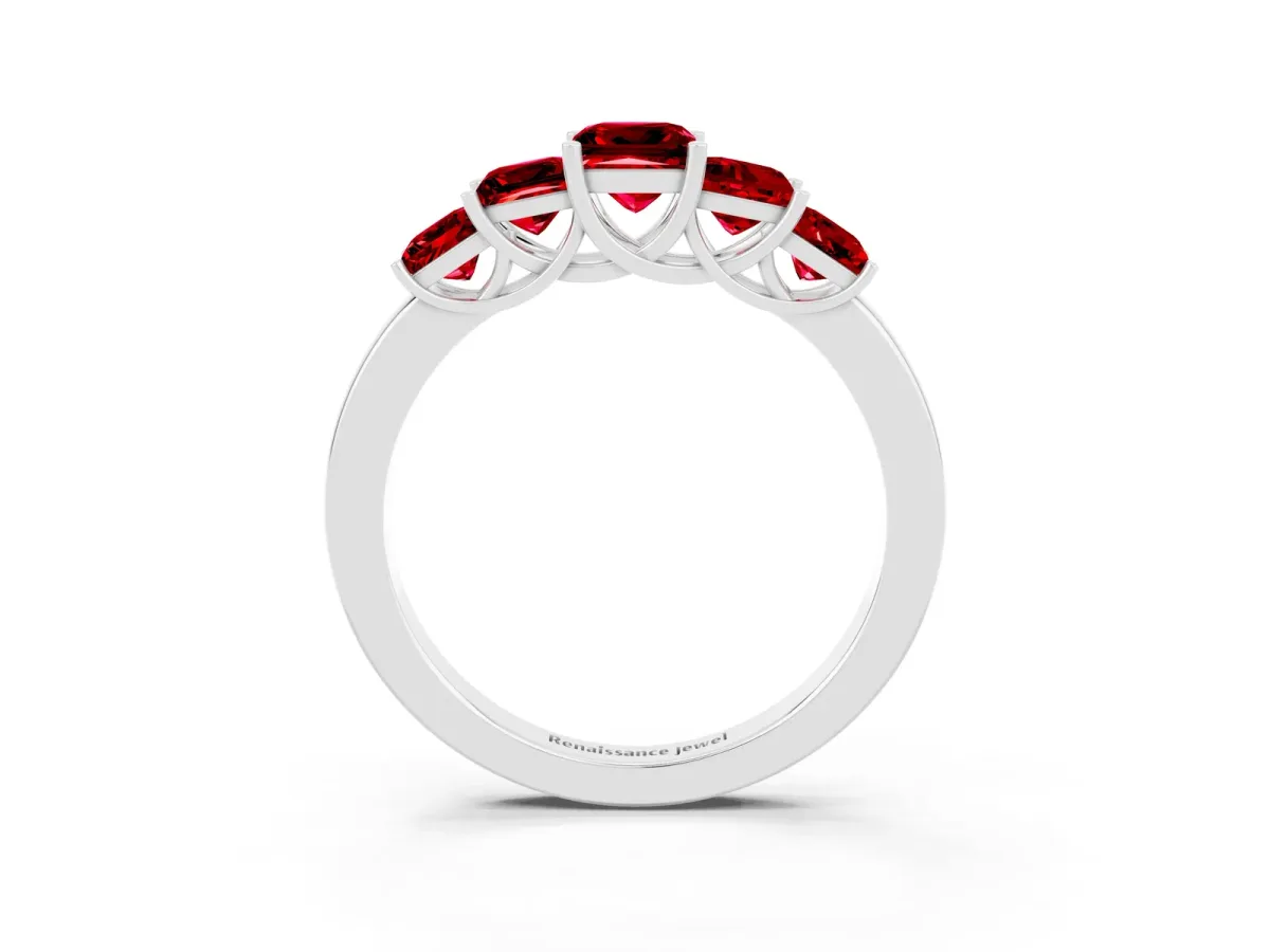 Princess Cut Five-Stone Ruby Ring with Classic Prong Setting Platinum