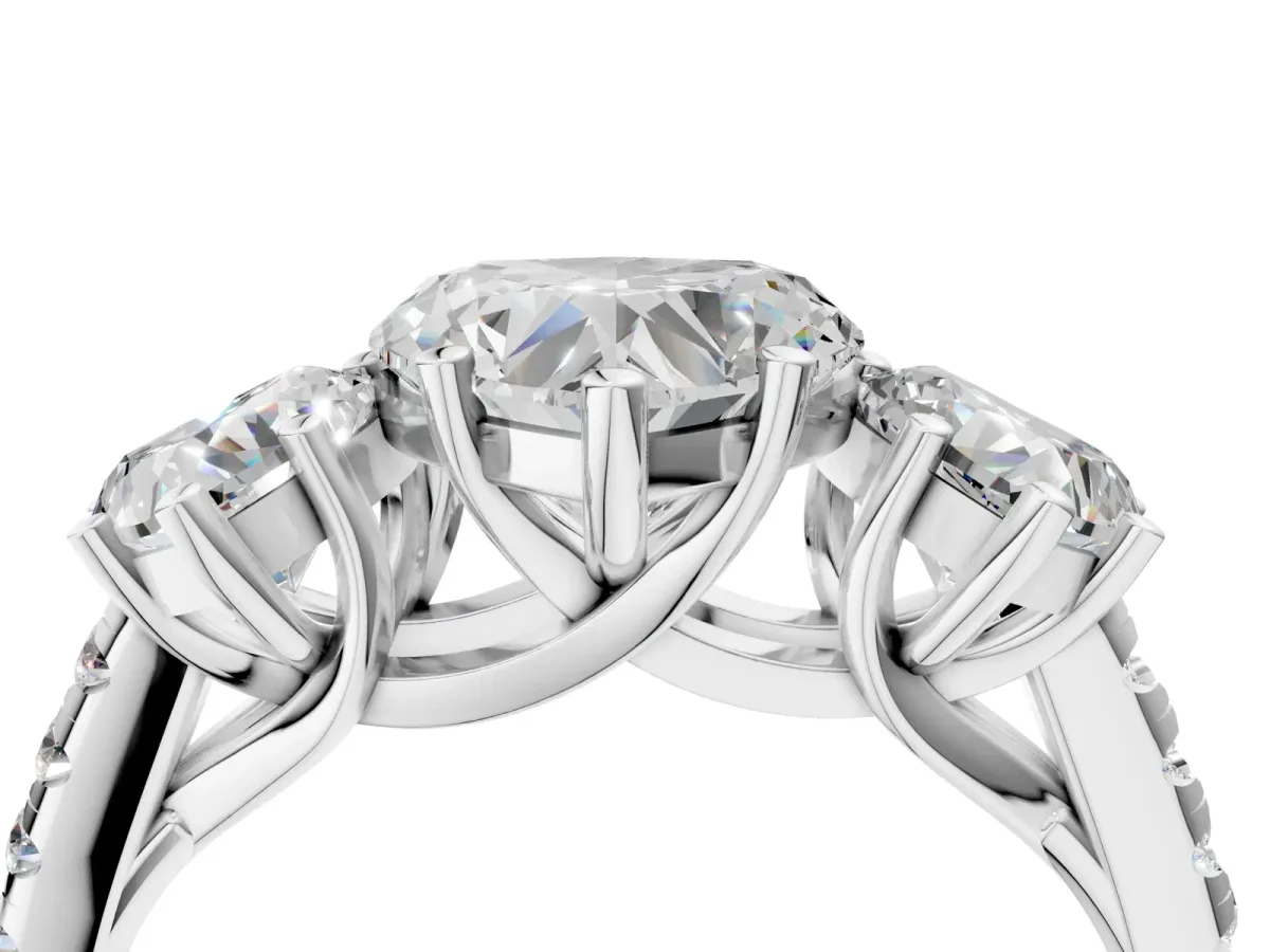 Three-Stone Heart Cut Diamond Ring with Round Pavé Band and Prong Setting Platinum