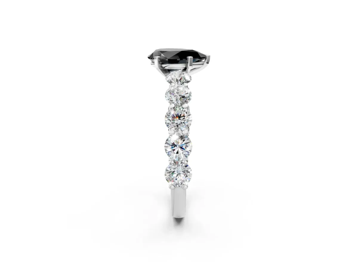 Fancy Black Pear Cut Diamond Prong Setting with Side Stones on a Pave Band Silver