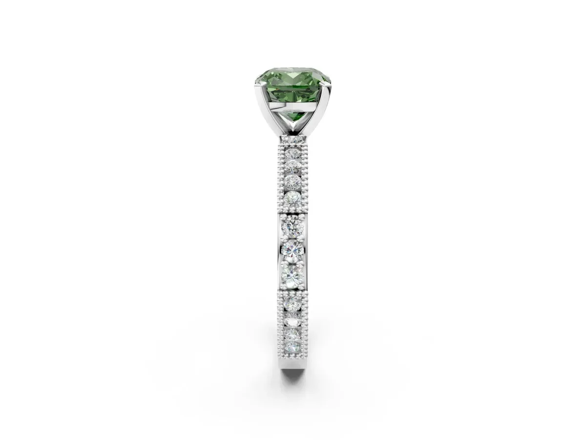 Fancy Green Cushion Cut Solitaire with Pavé Band and Four-Prong Setting Silver