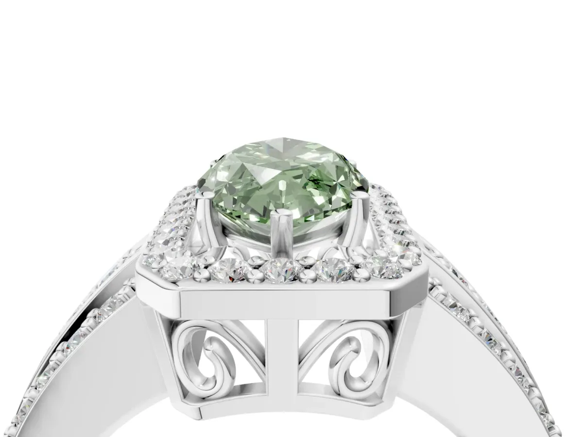 Fancy Green Marquise Cut Halo Diamond Ring with Round Split Shank and Prong Setting Platinum
