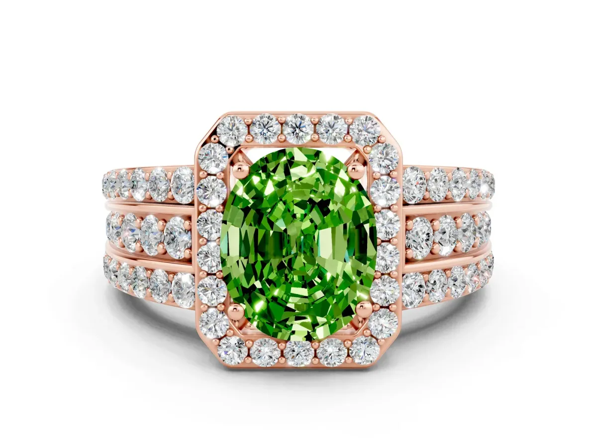 Oval Cut Halo Peridot Ring with Round Split Shank and Prong Setting Rose gold