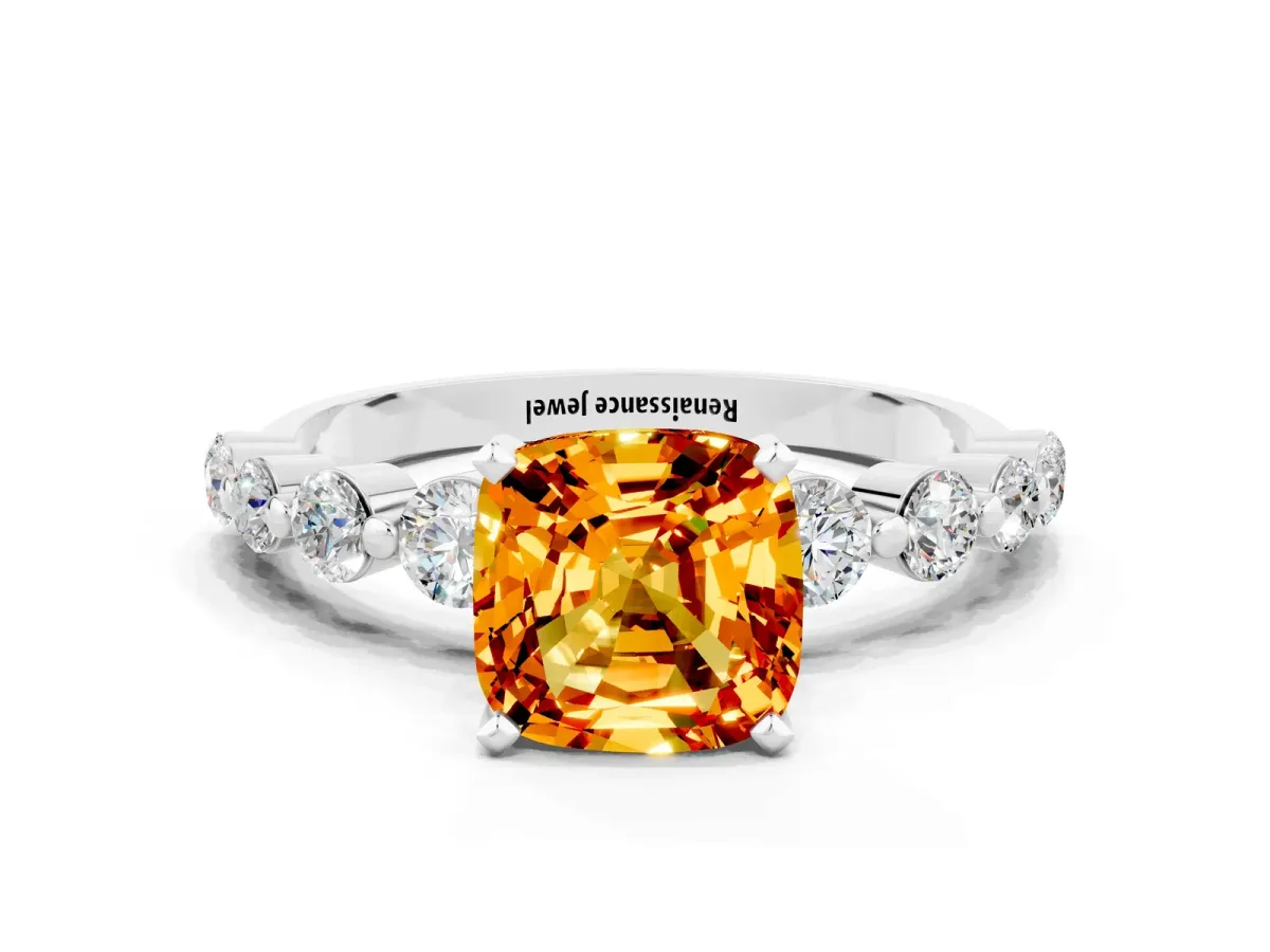 Cushion Cut Solitaire Citrine Ring with Pave Band and Four-Prong Setting Platinum