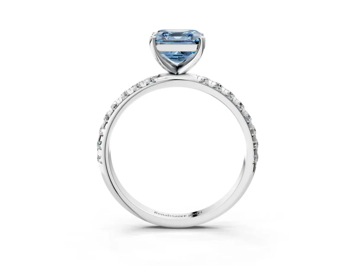 Fancy Blue Asscher Cut Cut Diamond Solitaire Ring with Micro Pave Band and Four Prong Setting Platinum