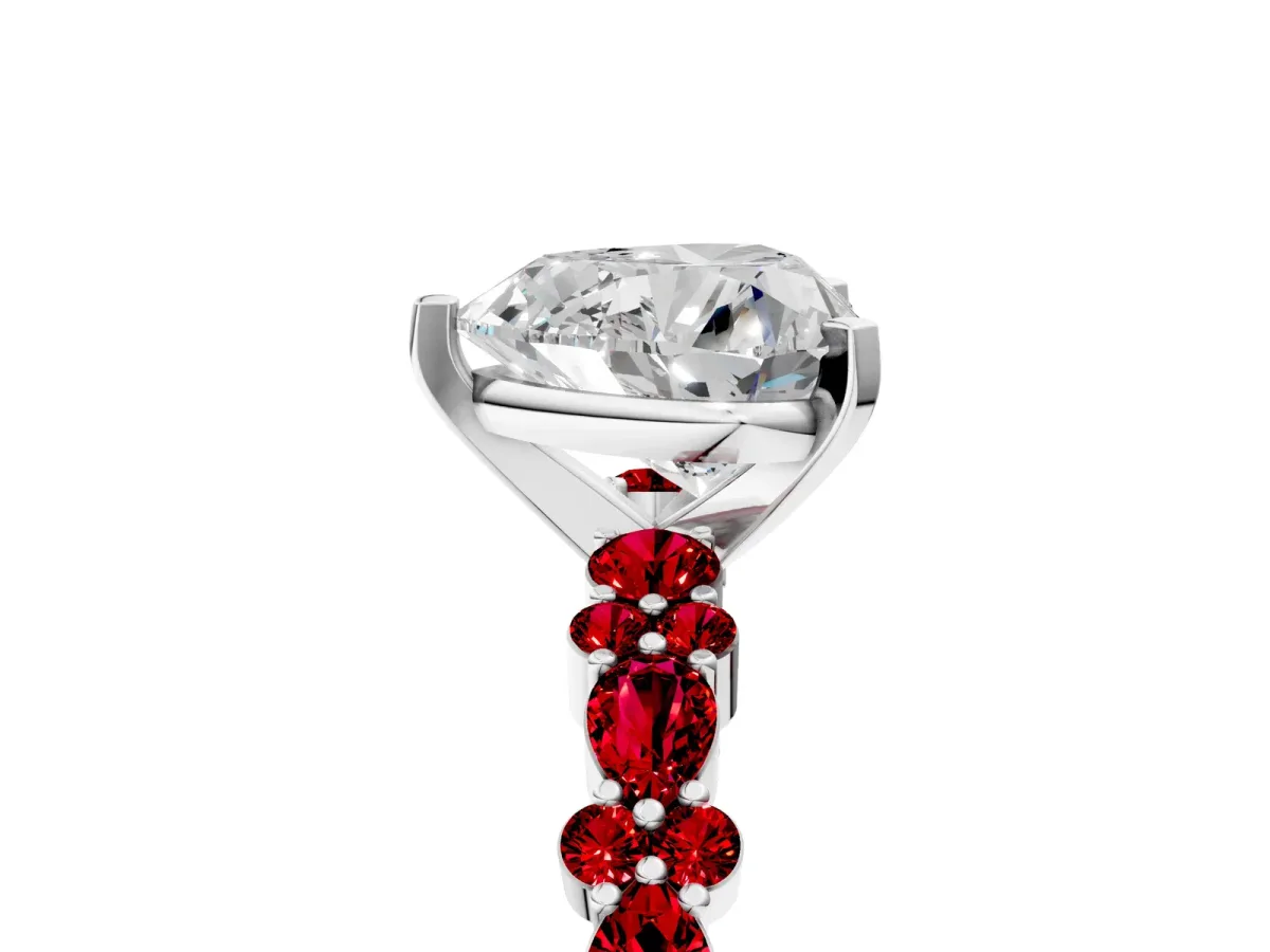 Heart Cut Diamond Side Stone Solitaire Ring with Round Ruby and Four-Prong Setting Silver
