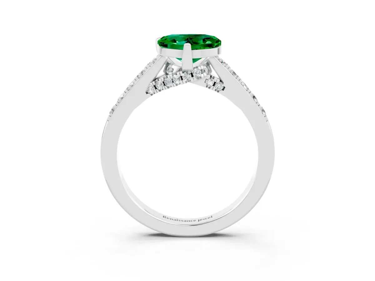 Heart Cut Emerald Solitaire Ring with Crossover Gallery and Round Pavé Band Silver