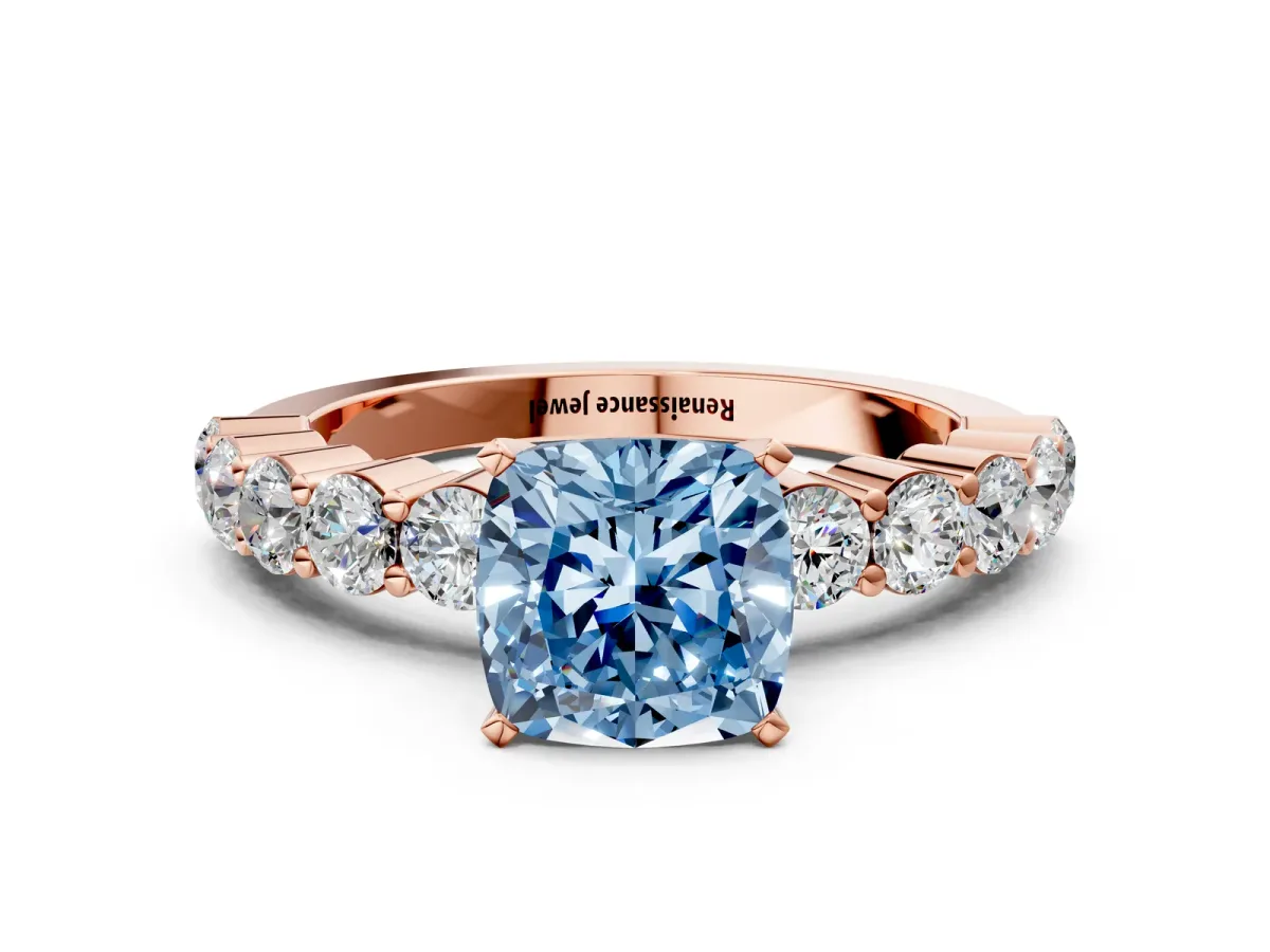 Fancy Blue Cushion Cut Diamond Solitaire Ring with Shared Prong Round Side Stones Rose gold