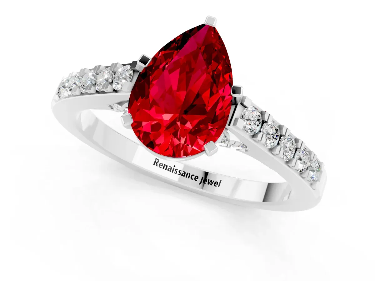 Pear Cut Ruby Solitaire Ring with Crossover Gallery and Round Pavé Band Platinum