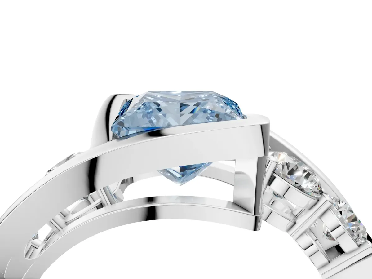 Fancy Blue Bezel Set Princess Cut Diamond Bypass Ring with Round Accents Platinum