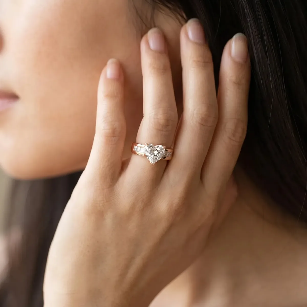 Heart Cut Cut Channel Set Solitaire Ring with Four-Prong Setting Rose gold