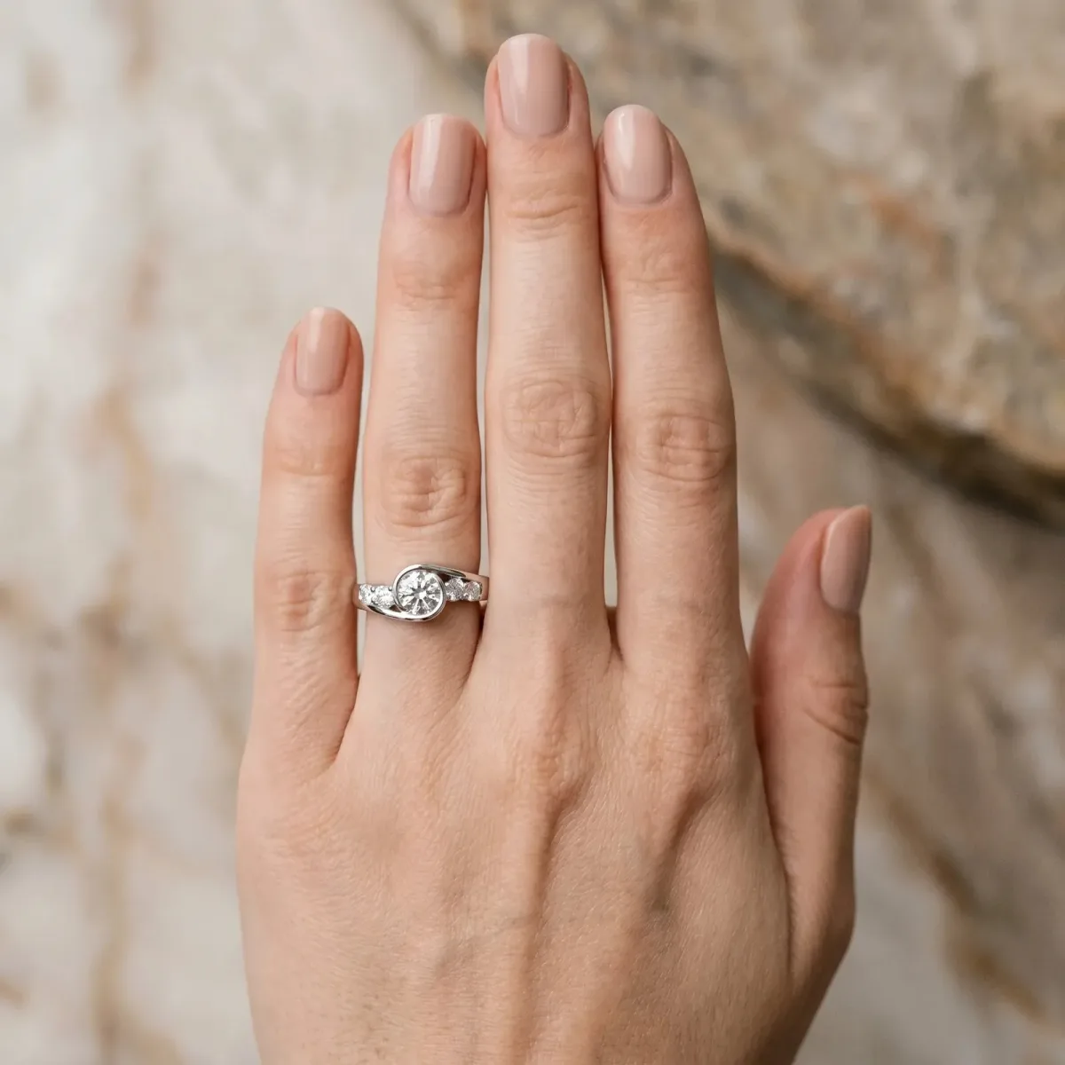 Bezel Set Asscher Cut Diamond Bypass Ring with Round Accents Platinum
