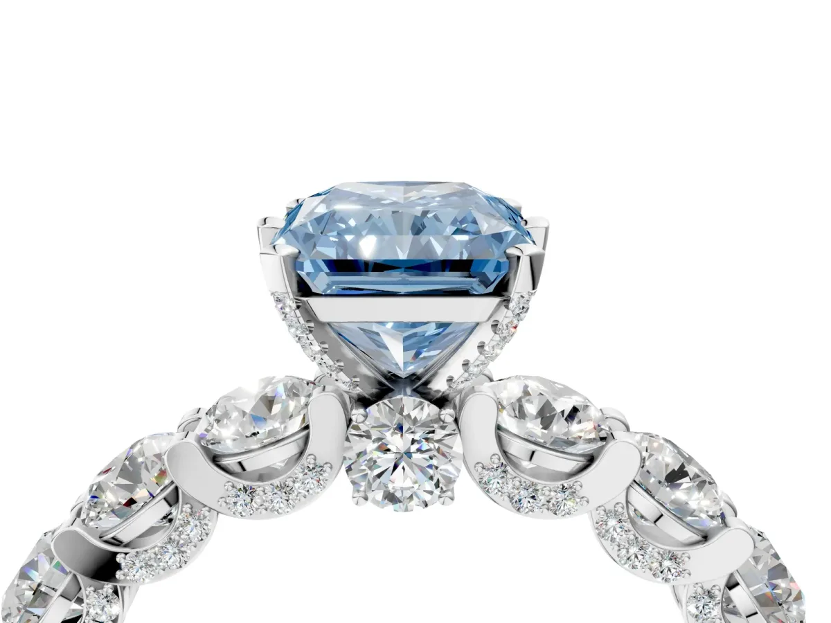 Fancy Blue Radiant Cut Diamond Side Stone Engagement Ring with Four-Prong Setting White gold