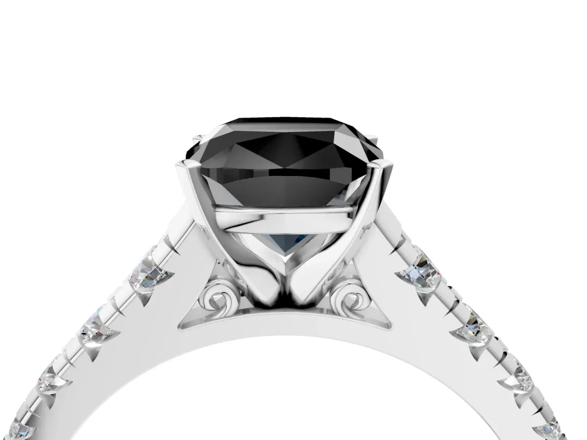 Fancy Black Cushion Cut Diamond Cathedral Solitaire Ring with Round Pavé Band Silver