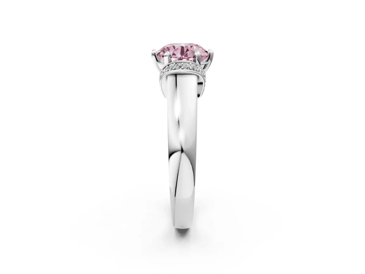 Fancy Pink Round Cut Solitaire Diamond Ring with Pave Band and Six-Prong Setting Silver