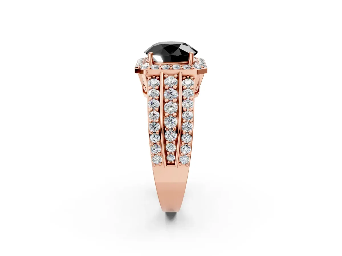 Fancy Black Round Cut Halo Diamond Ring with Round Split Shank and Prong Setting Rose gold