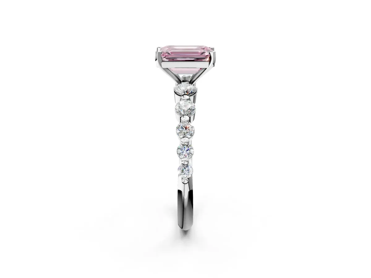 Fancy Pink Emerald Cut Solitaire Diamond Ring with Pave Band and Four-Prong Setting Platinum