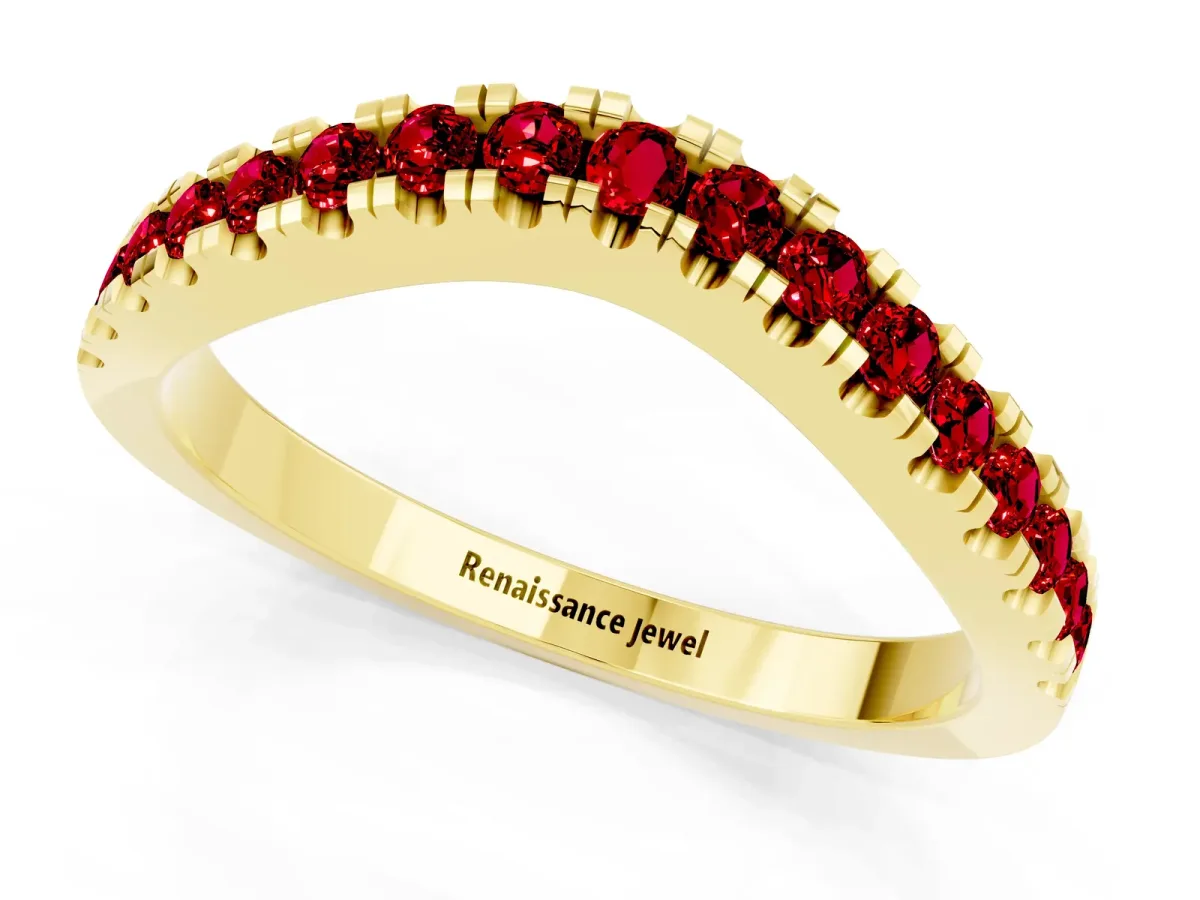 Round Ruby Pavé Curved Band with Shared Prong Setting Yellow gold