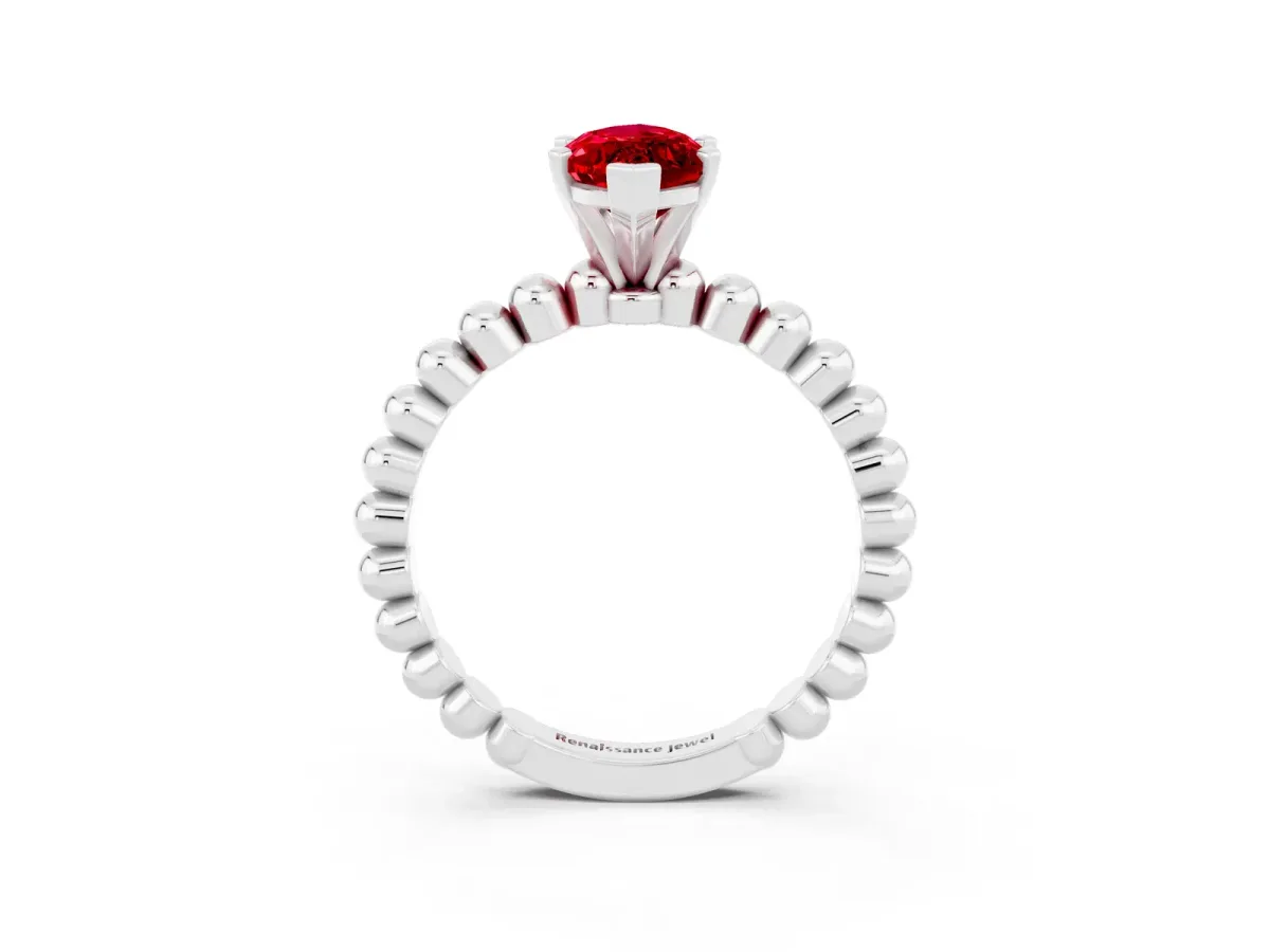 Marquise Cut Ruby Solitaire Ring with Beaded Band and Prong Setting Silver