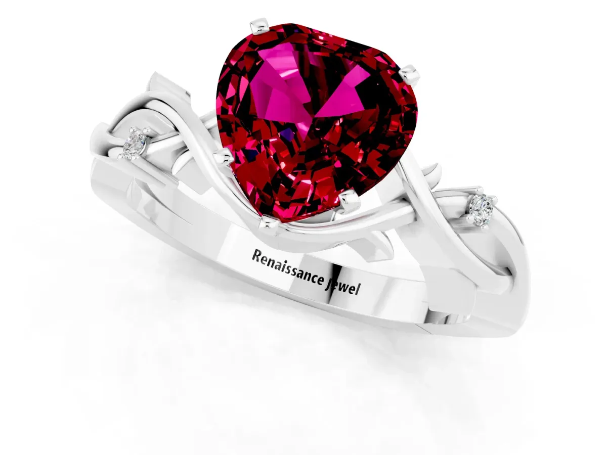 Heart Cut Garnet Solitaire Ring with Twisted Band and Prong Setting Platinum