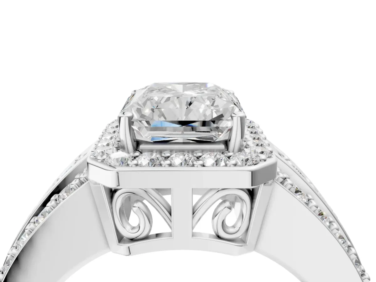 Radiant Cut Halo Diamond Ring with Round Moissanite Split Shank and Prong Setting Silver