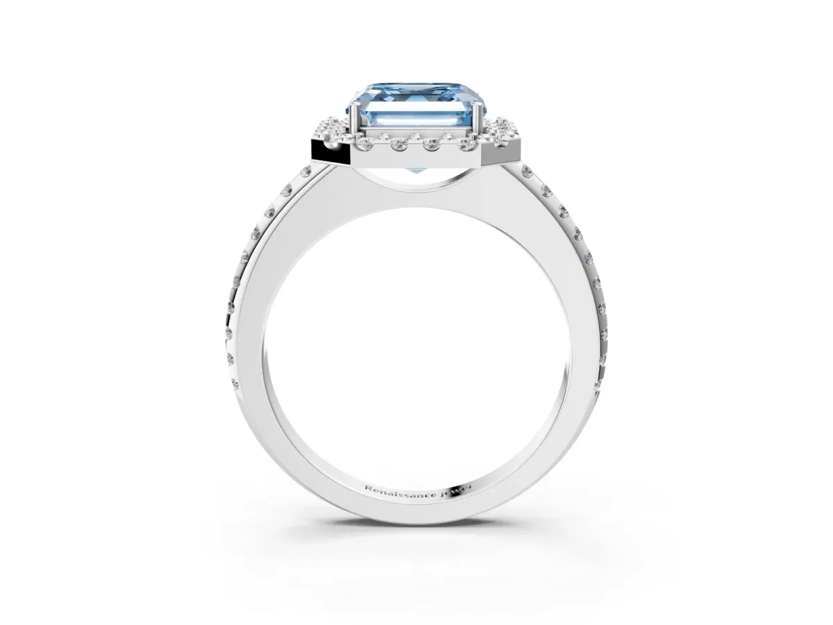 Fancy Blue Asscher Cut Diamond Pavé Halo Ring with Four-Prong Setting Platinum