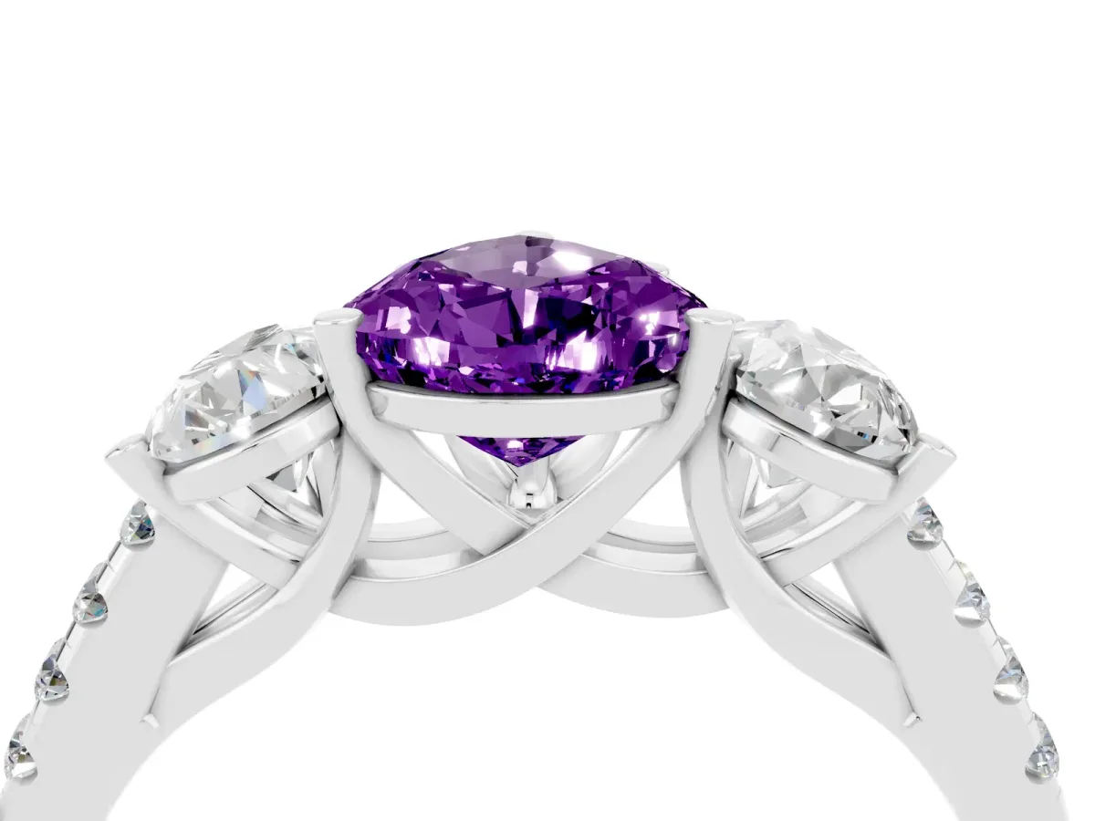 Three-Stone Pear Cut Amethyst Ring with Round Pavé Band and Prong Setting Silver