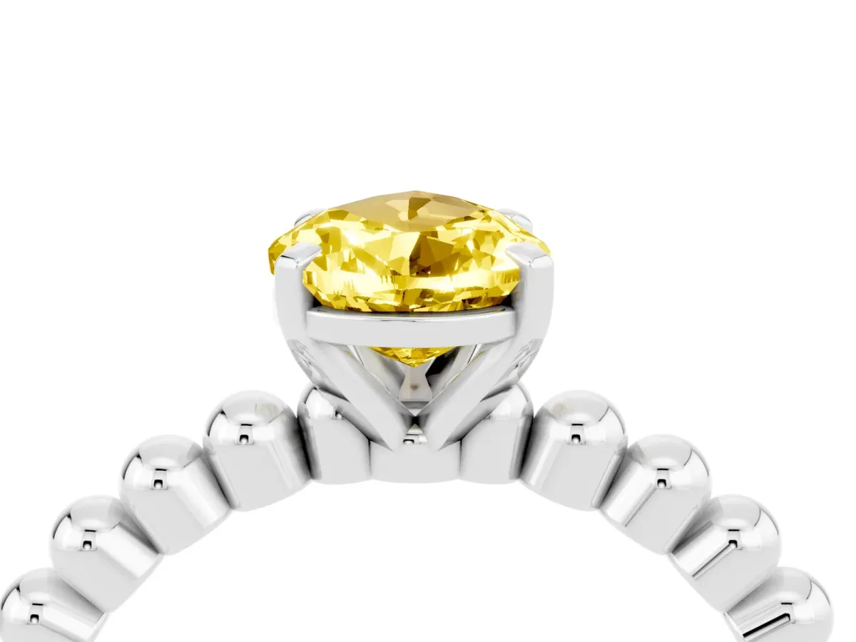 Pear Cut Yellow Sapphire Solitaire Ring with Beaded Band and Prong Setting Silver