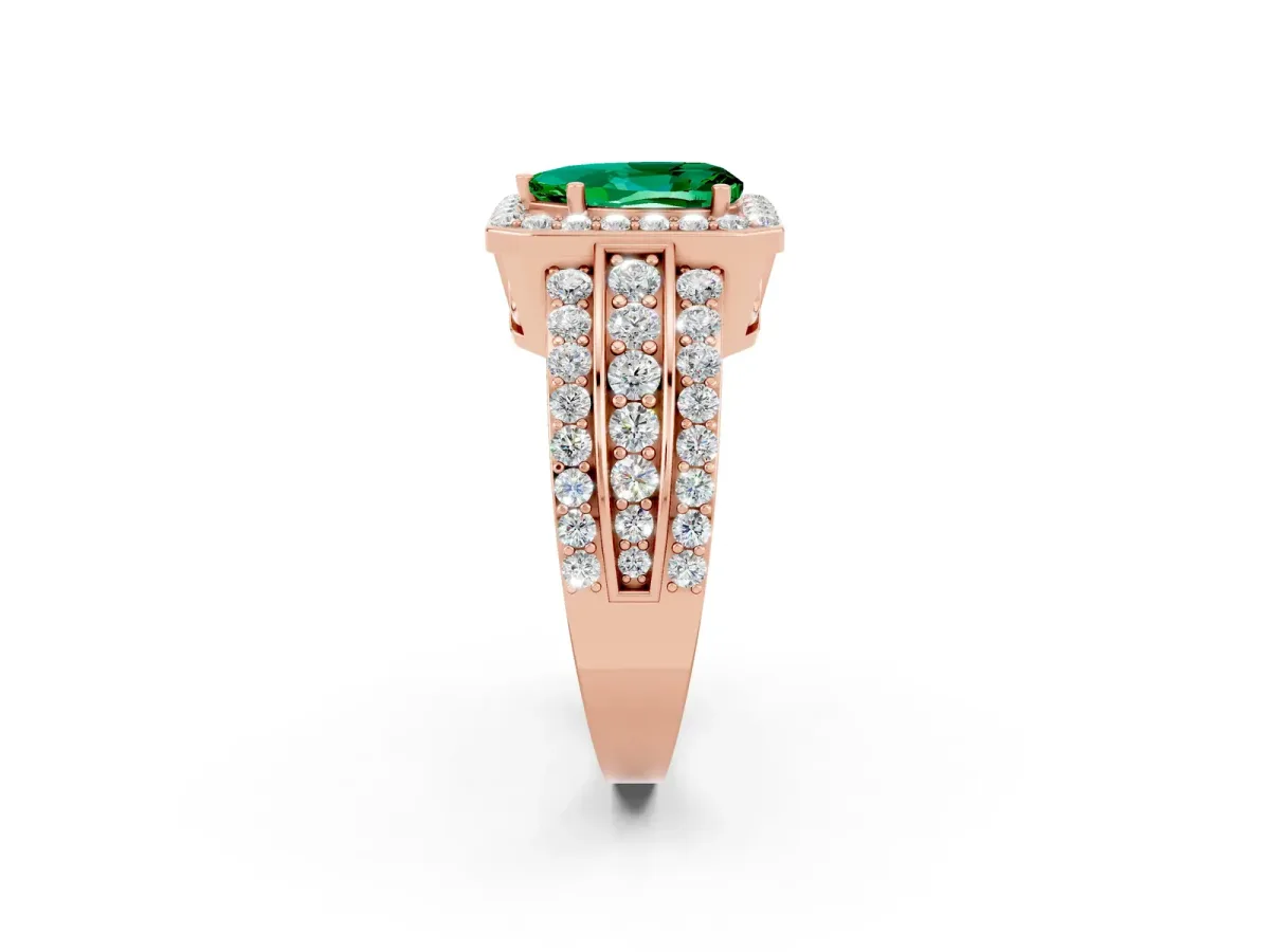 Pear Cut Halo Emerald Ring with Round Split Shank and Prong Setting Rose gold