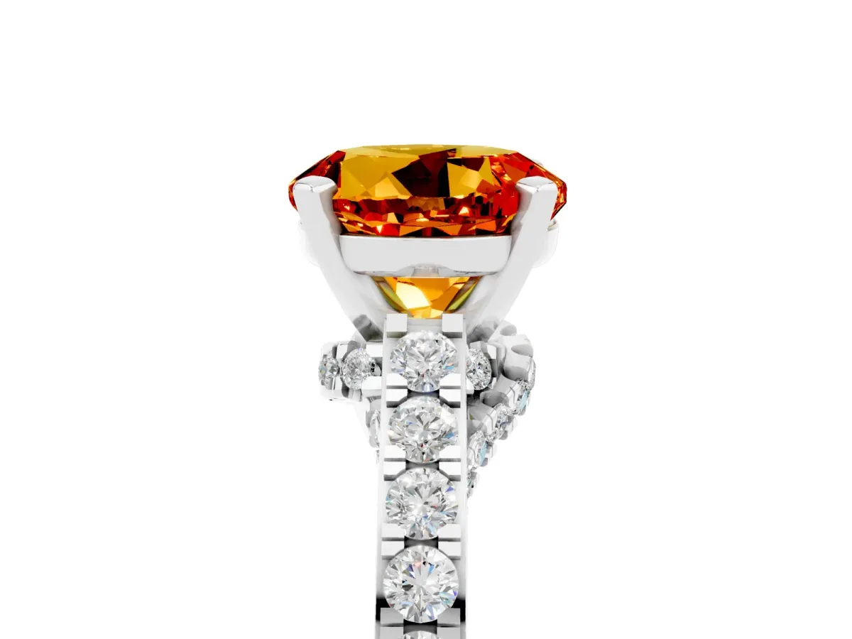 Round Cut Citrine Solitaire Ring with Crossover Gallery and Round Pavé Band Silver