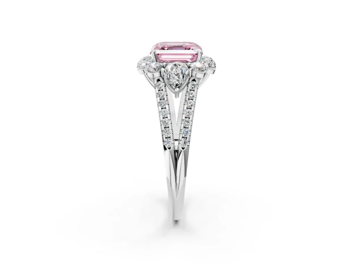 Fancy Pink Asscher Cut Halo Split Shank Diamond Engagement Ring with Prong Setting Platinum