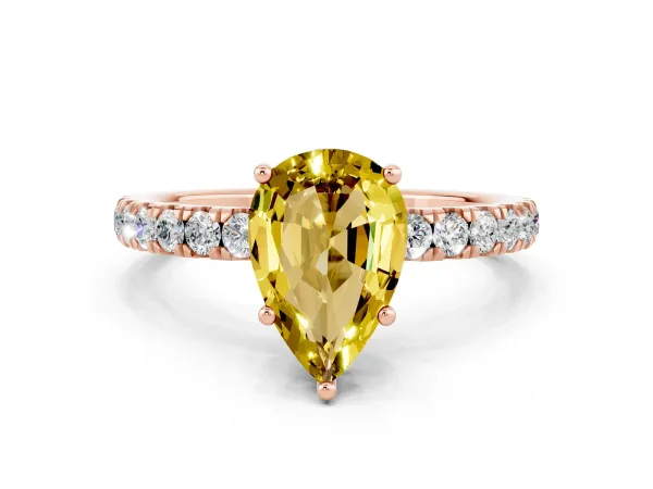 Pear Cut Yellow Sapphire Pave Band Solitaire Ring with Round and Prong Setting Rose gold