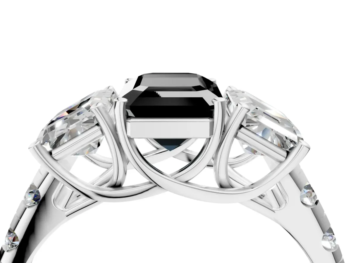 Fancy Black Three-Stone Emerald Cut Diamond Pavé Band with Prong Setting Platinum