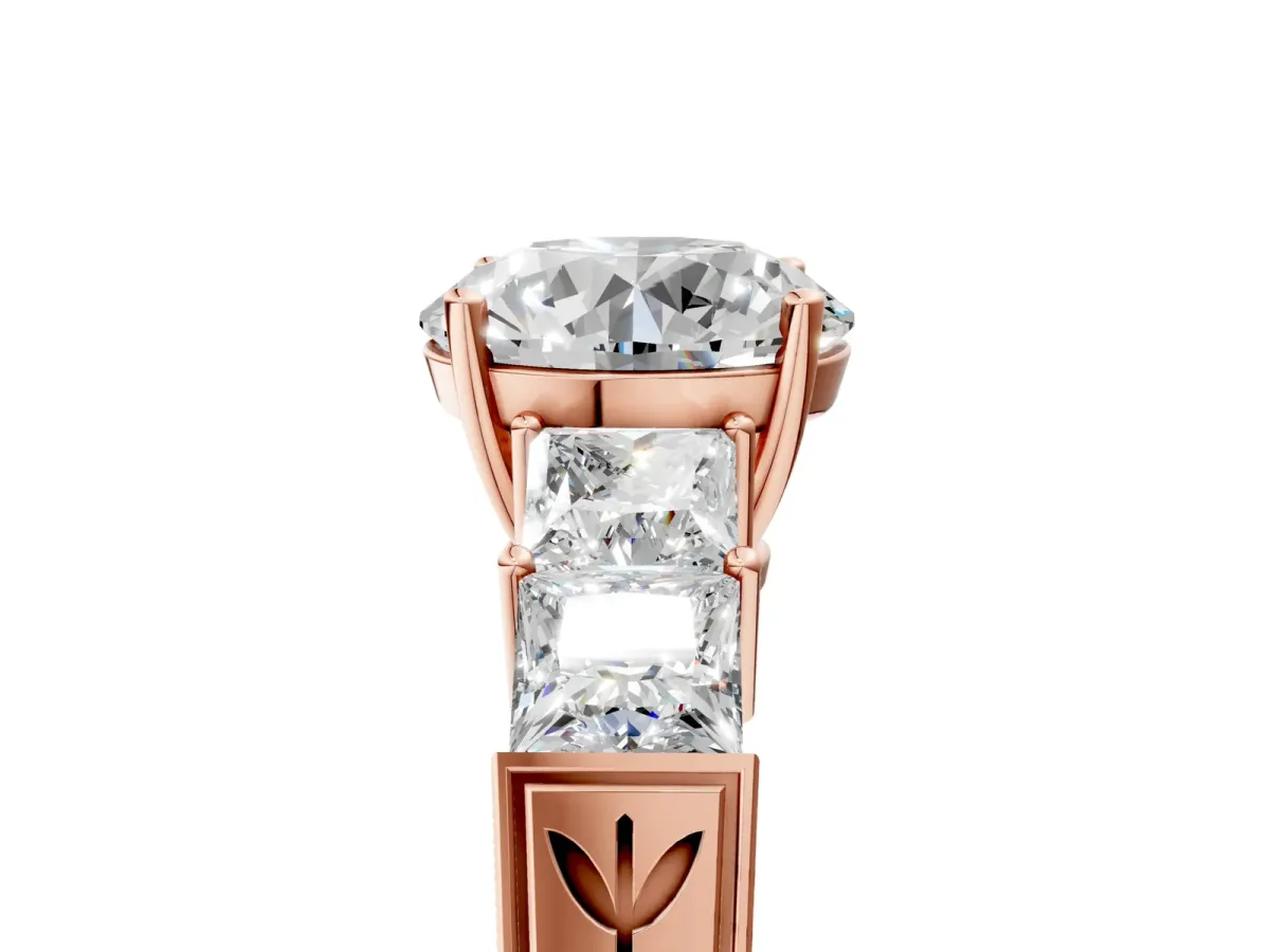 Round Cut Solitaire Princess Side Stone Engraved Band Prong Setting Ring Rose gold