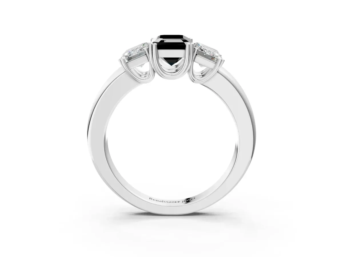 Fancy Black Three-Stone Emerald Cut Cut Diamond Ring with Channel Set Band and Four-Prong Setting Silver