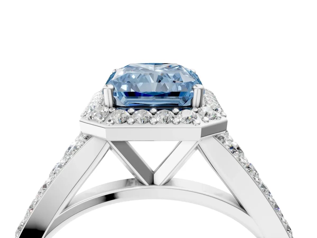Fancy Blue Radiant Cut Diamond Split Shank Halo Ring with Four-Prong Setting Platinum
