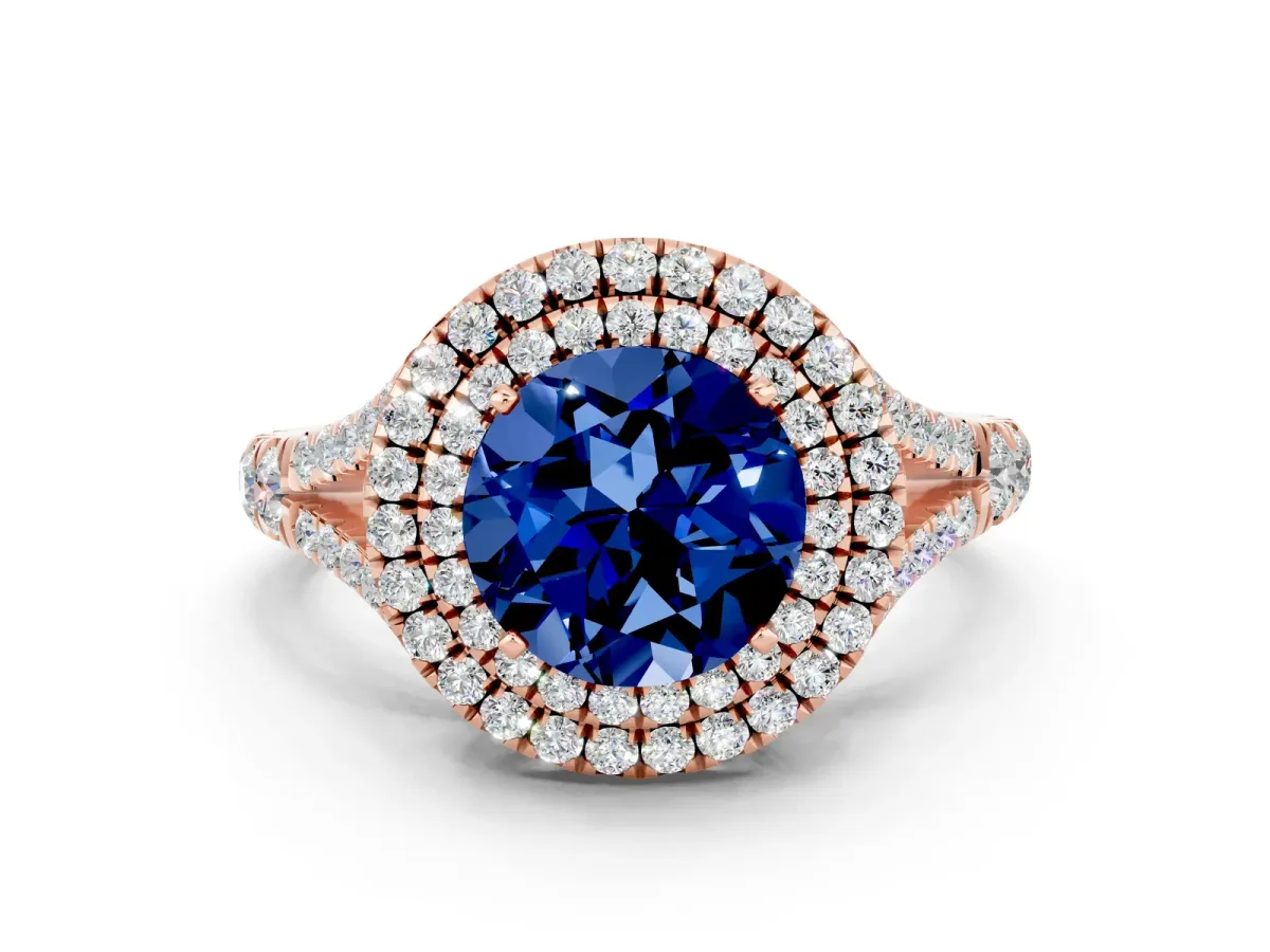 Round Cut Blue Sapphire Double Halo Ring with Split Shank and Prong Setting Rose gold