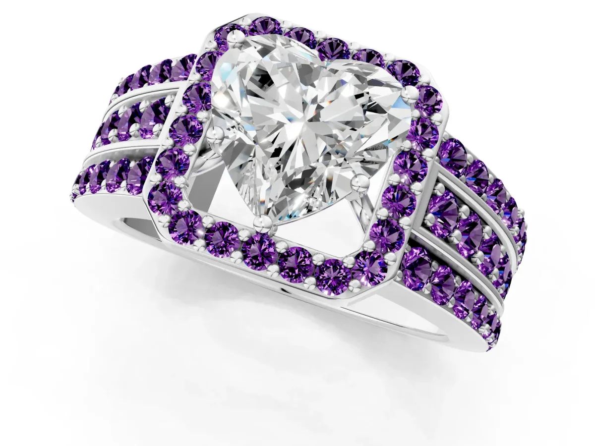 Heart Cut Halo Diamond Ring with Round Amethyst Split Shank and Prong Setting Platinum