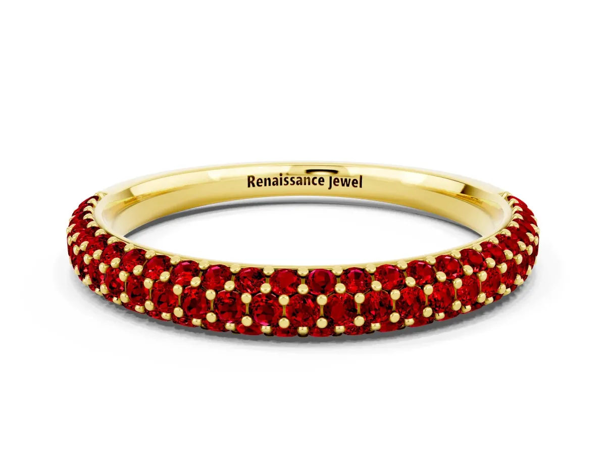 Round Ruby Pavé Eternity Band with Shared Prong Setting Yellow gold