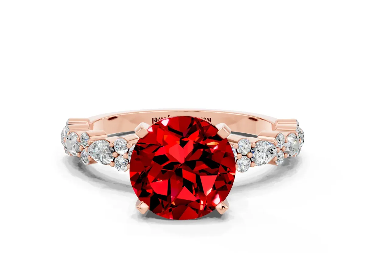 Round Cut Ruby Side Stone Solitaire Ring with Round and Four-Prong Setting Rose gold