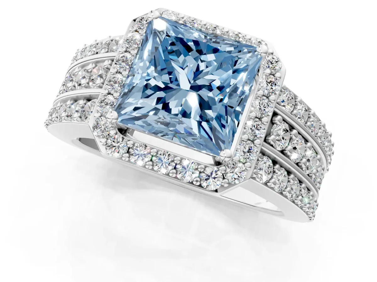 Fancy Blue Princess Cut Halo Diamond Ring with Round Split Shank and Prong Setting Silver