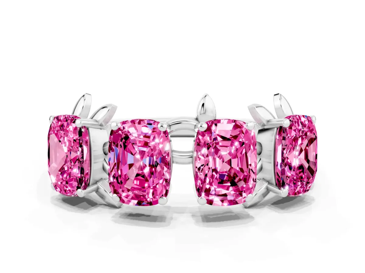 Emerald Cut Pink Sapphire Prong-Set Half Eternity Band Silver