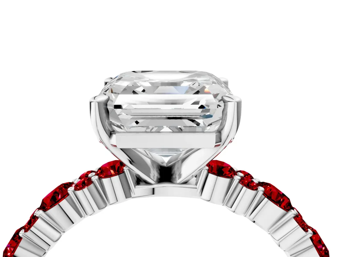 Asscher Cut Diamond Side Stone Solitaire Ring with Round Ruby and Four-Prong Setting Silver